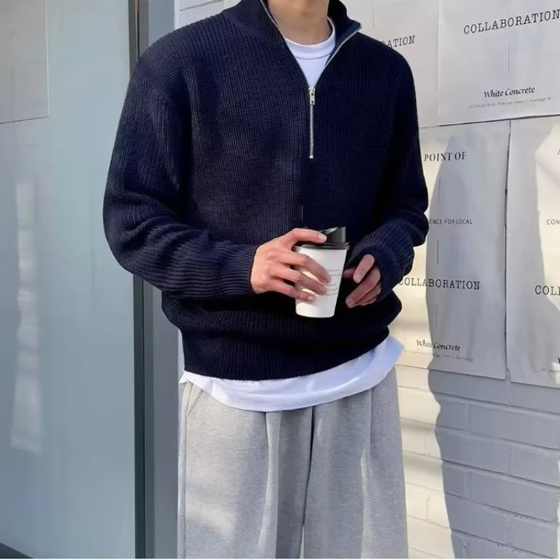 Men's Half-Zip Stand Collar Sweater – Loose Casual Pullover