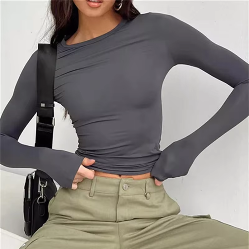 Women's Y2K Long Sleeve Crop Top – Solid Casual Streetwear Pullover Tee