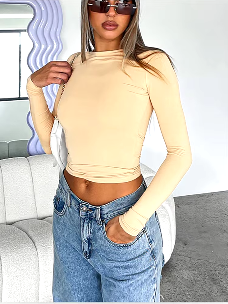 Women's Y2K Long Sleeve Crop Top – Solid Casual Streetwear Pullover Tee