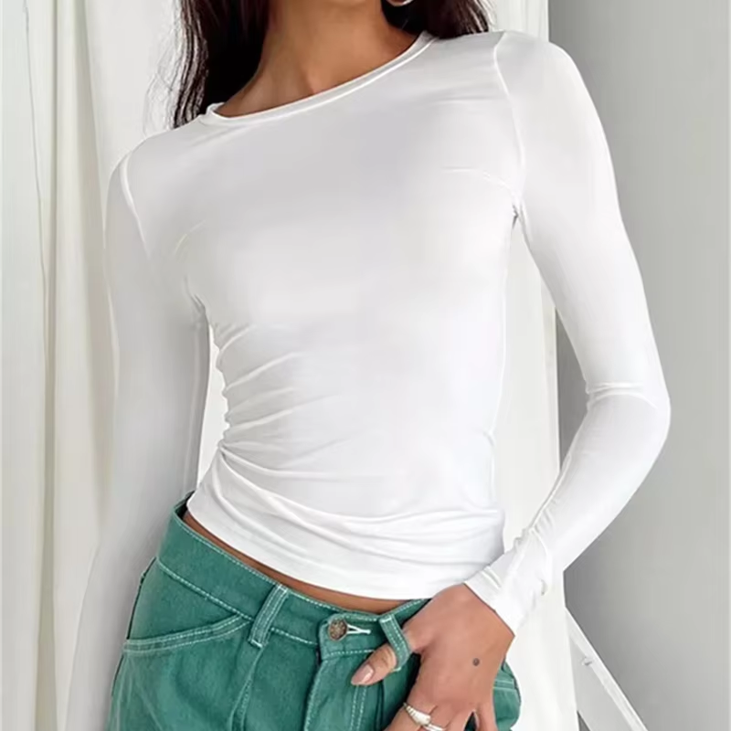 Women's Y2K Long Sleeve Crop Top – Solid Casual Streetwear Pullover Tee