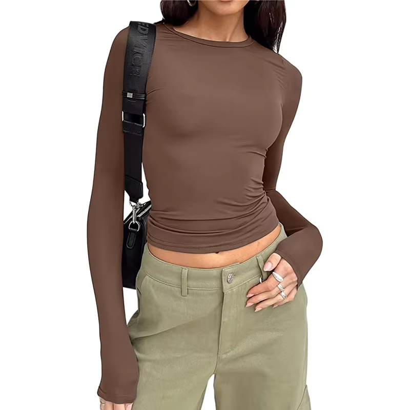 Women's Y2K Long Sleeve Crop Top – Solid Casual Streetwear Pullover Tee