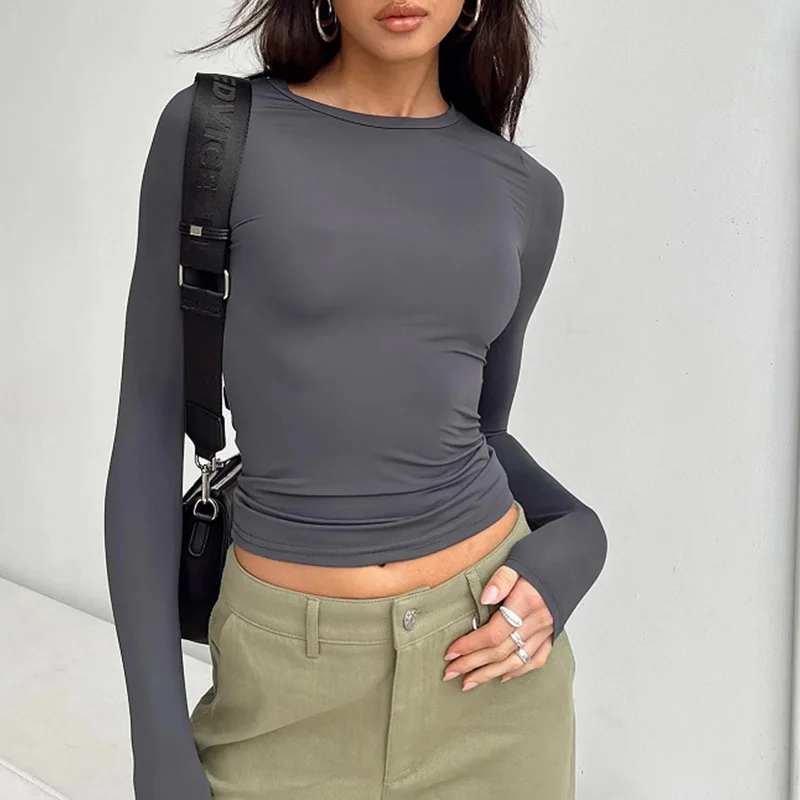 Women's Slim Fit Long Sleeve T-Shirt – Solid Casual Streetwear Pullover Tee