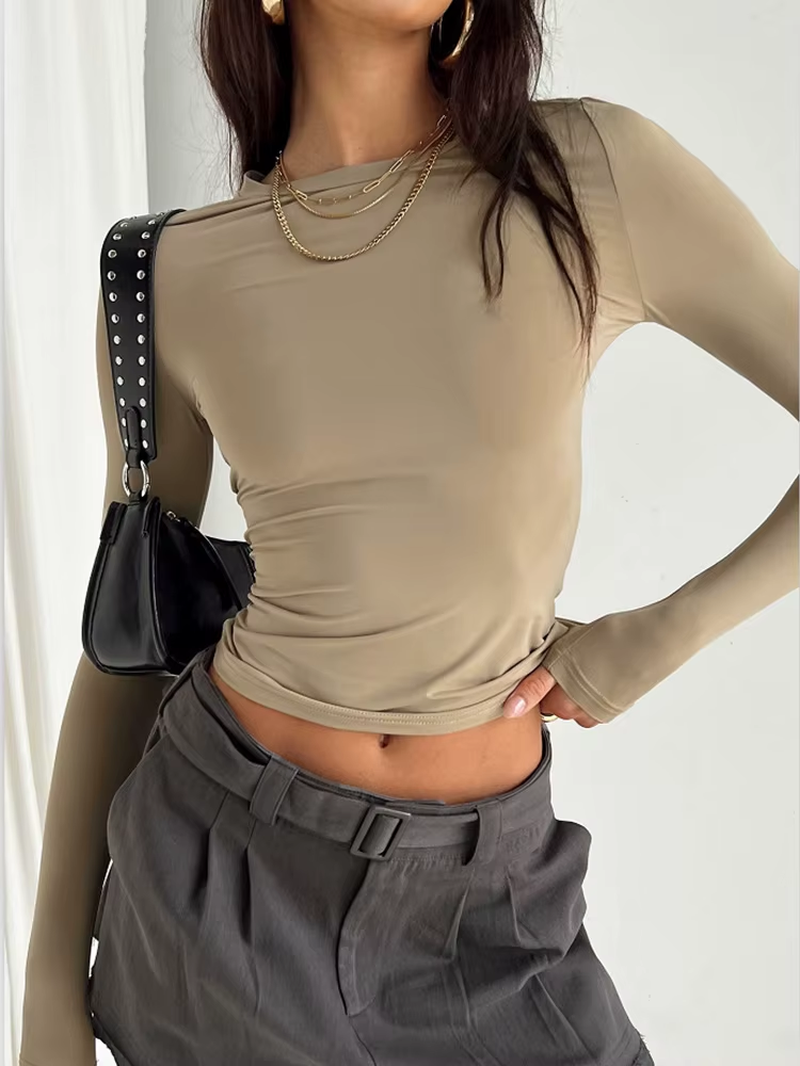 Women's Slim Fit Long Sleeve T-Shirt – Solid Casual Streetwear Pullover Tee